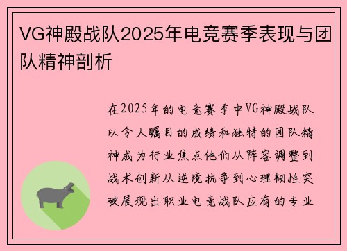 VG神殿战队2025年电竞赛季表现与团队精神剖析