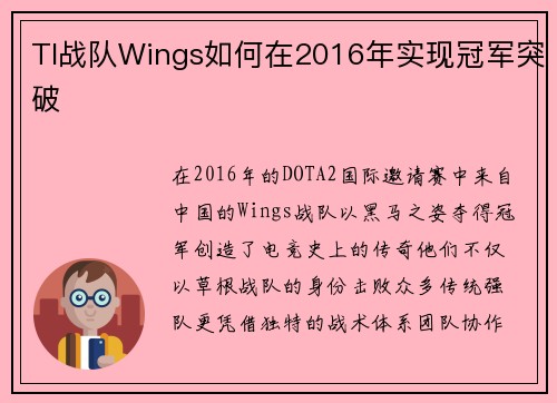 TI战队Wings如何在2016年实现冠军突破